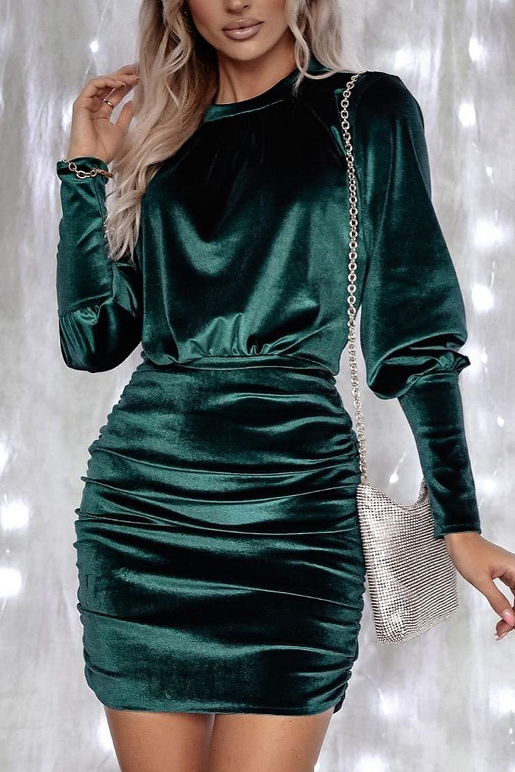 Green Velvet Puff Sleeve Ruched Bodycon Dress - Stormyjay