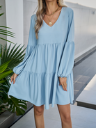 Women's Blue Puff Sleeve V-neck Mini Dress HTL67HZ7EM - Stormyjay