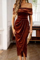 Chestnut Velvet Off Shoulder Pleated Wrap Evening Dress - Stormyjay