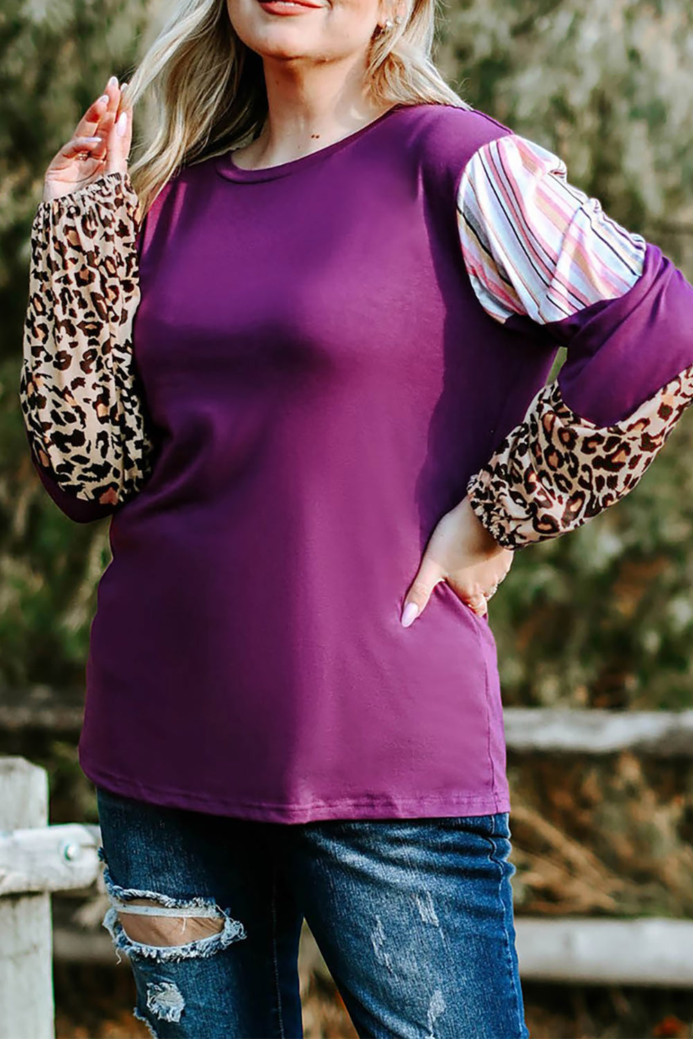 Purple Color Block Leopard Striped Sleeve Plus Size Top - Stormyjay