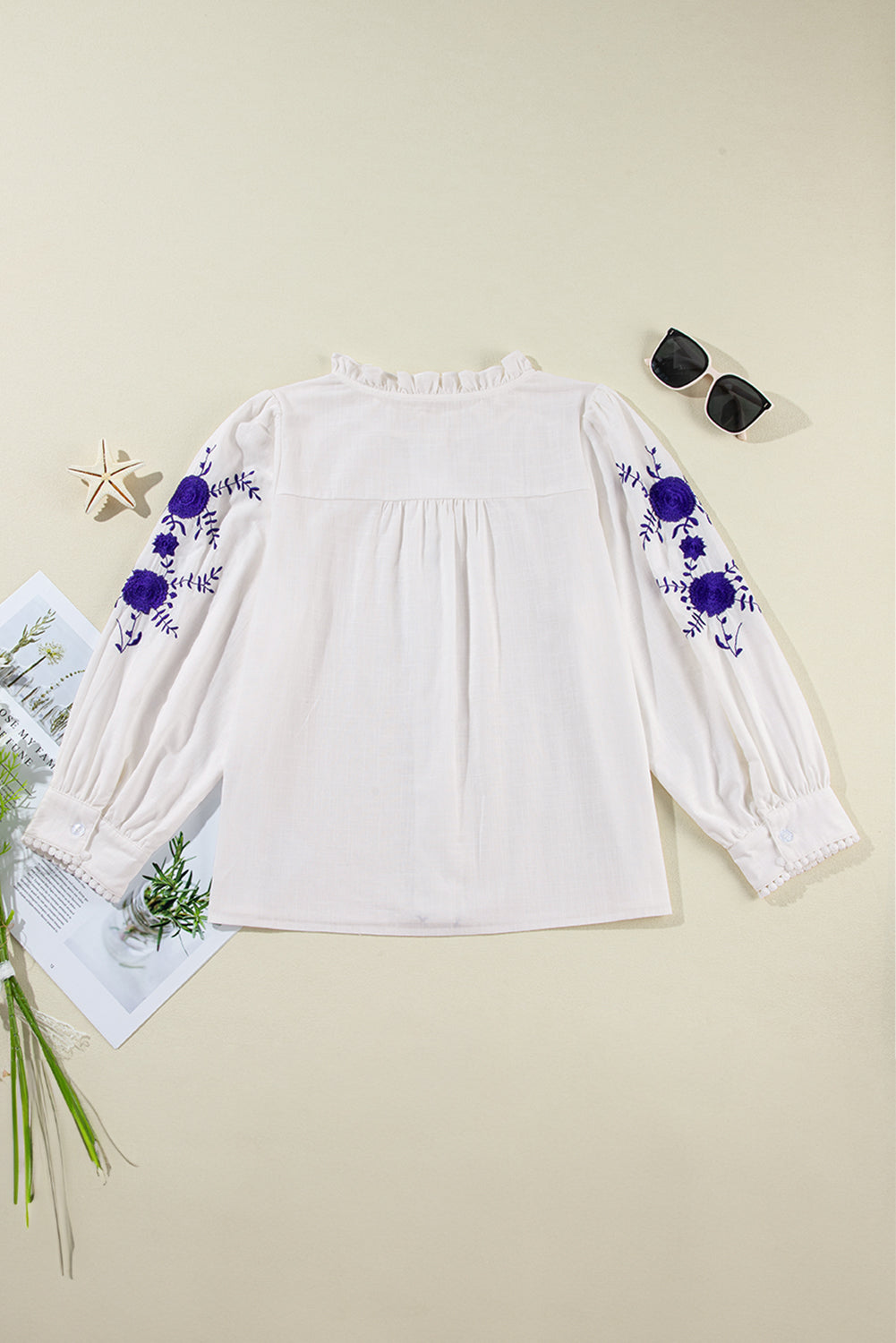 White Floral Embroidered Button Up Boho Blouse - Stormyjay