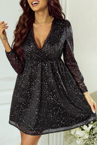 Black Glitter Mesh Overlay V Neck Long Sleeve Dress - Stormyjay