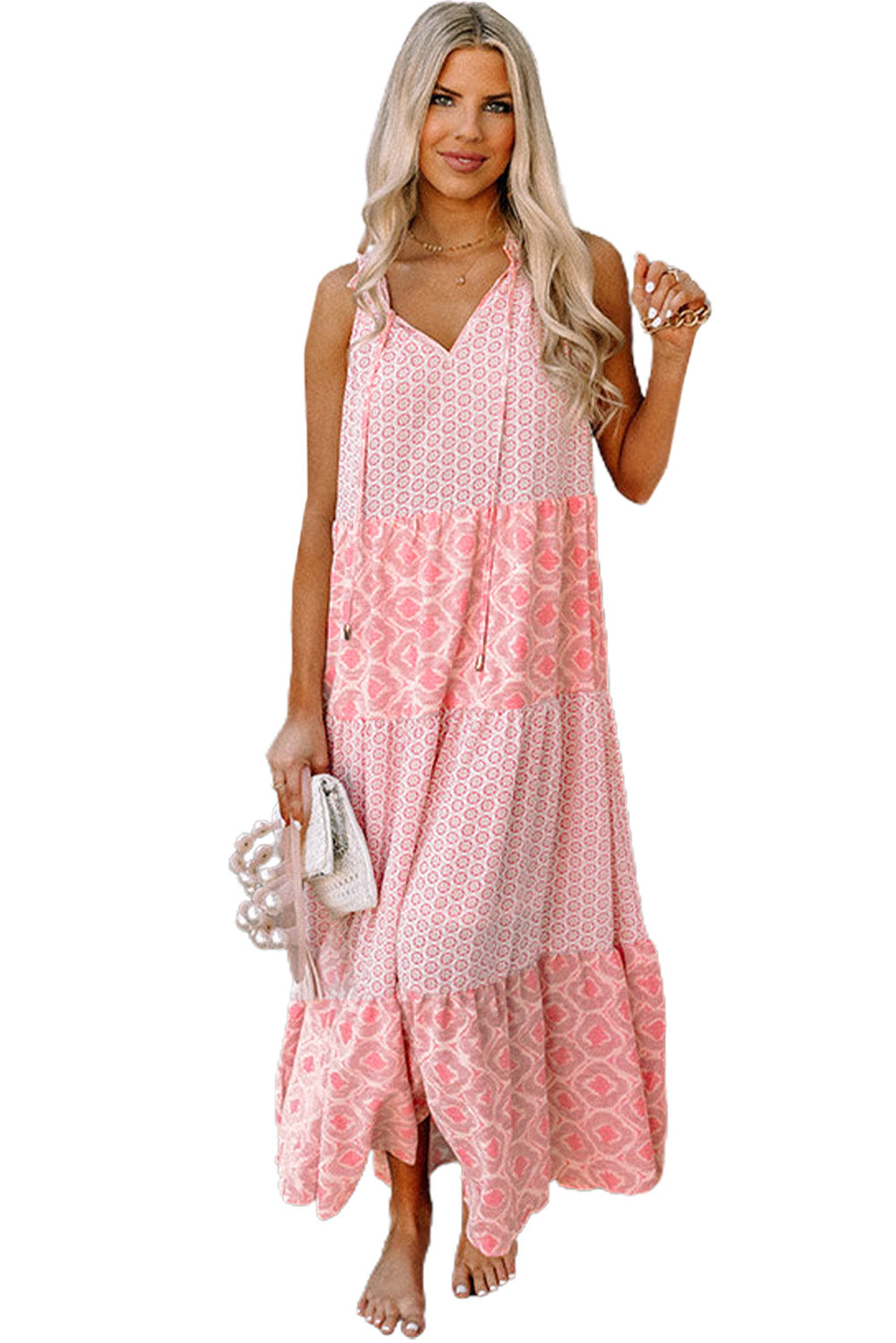 Pink Abstract Print Patchwork Sleeveless V Neck Tiered Dress - Stormyjay