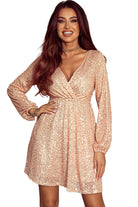 Apricot Wrapped V-neck Sequin Dress - Stormyjay