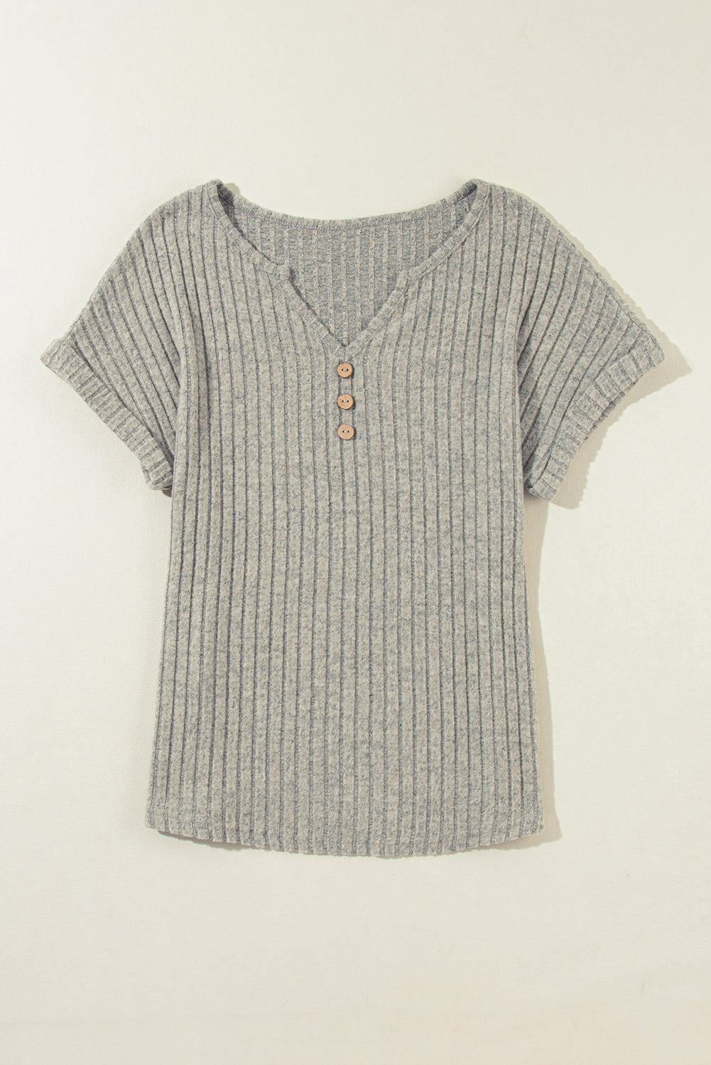 Parchment Ribbed Notched V Neck Button Decor T shirt - Stormyjay