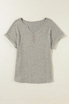 Parchment Ribbed Notched V Neck Button Decor T shirt - Stormyjay