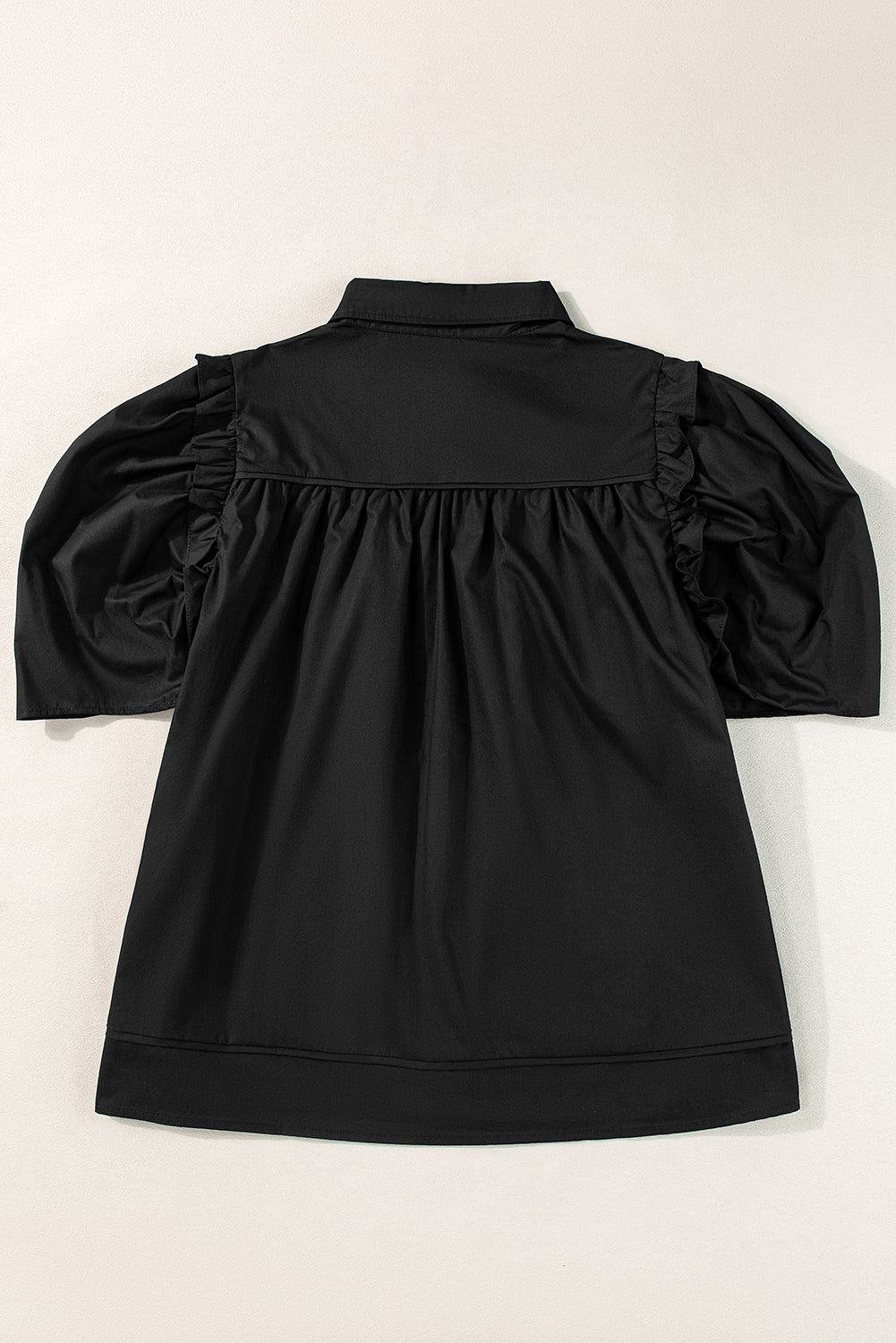 Black Ruched Puff Sleeve Loose Buttoned Up Blouse - Stormyjay