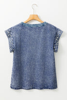 Dusk Blue Acid Wash Pearl Embellishment O Neck Denim Top - Stormyjay