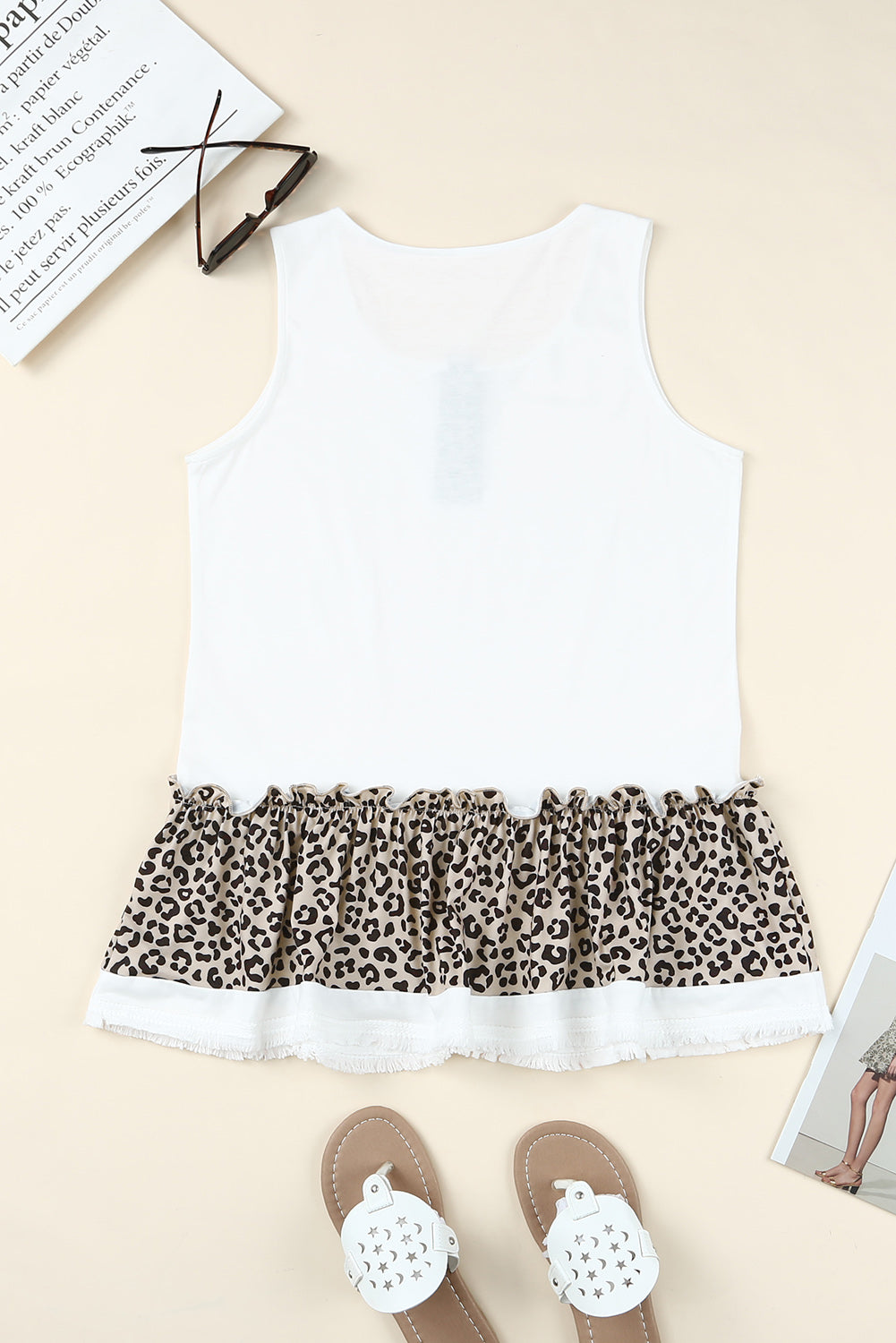 White and Cheetah Print Sleeveless Button Front Tank Top - Stormyjay