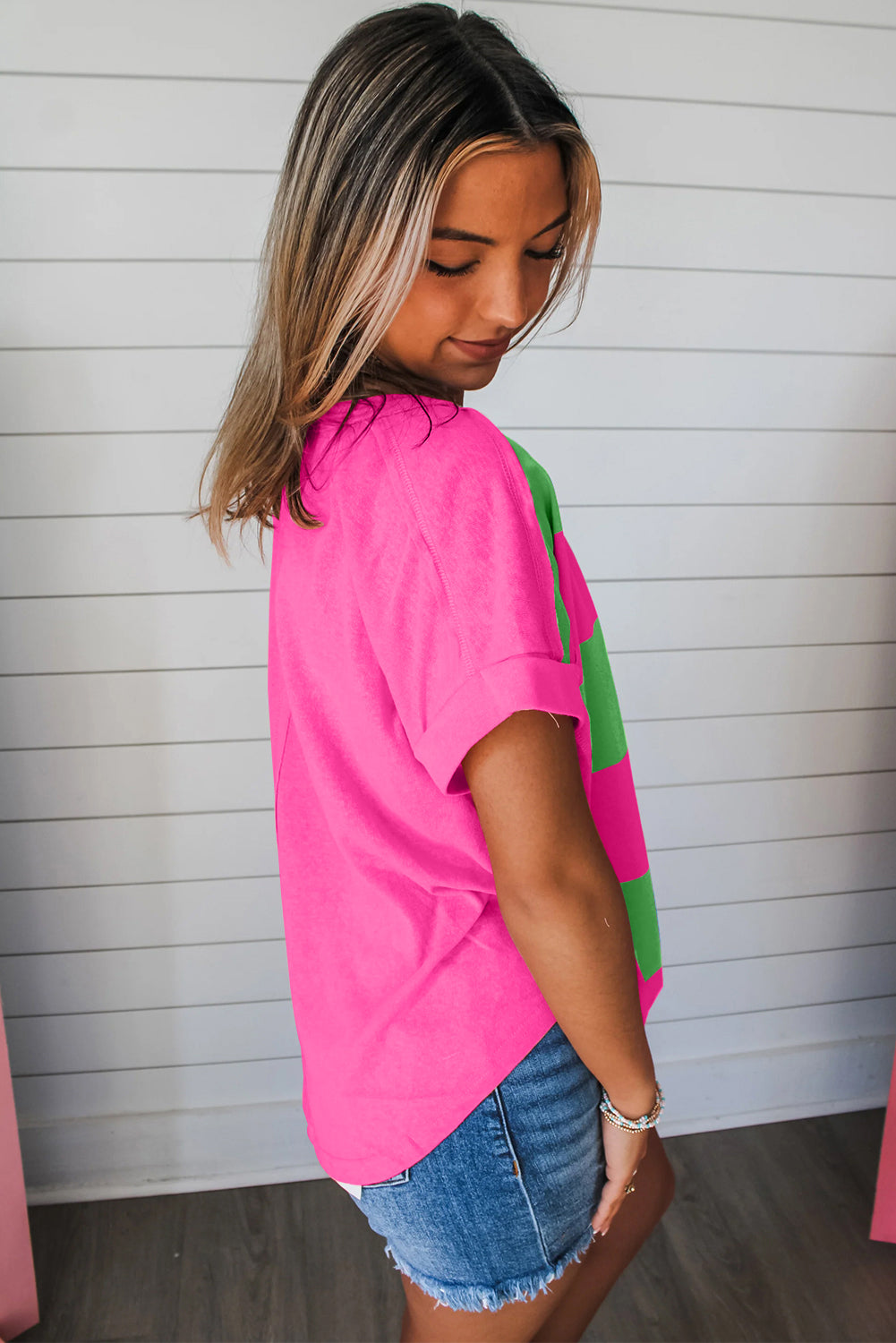 Rose & Blue Colorblock Exposed Seam Tee - Stormyjay