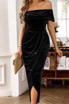 Black Velvet Off Shoulder Pleated Wrap Evening Dress - Stormyjay