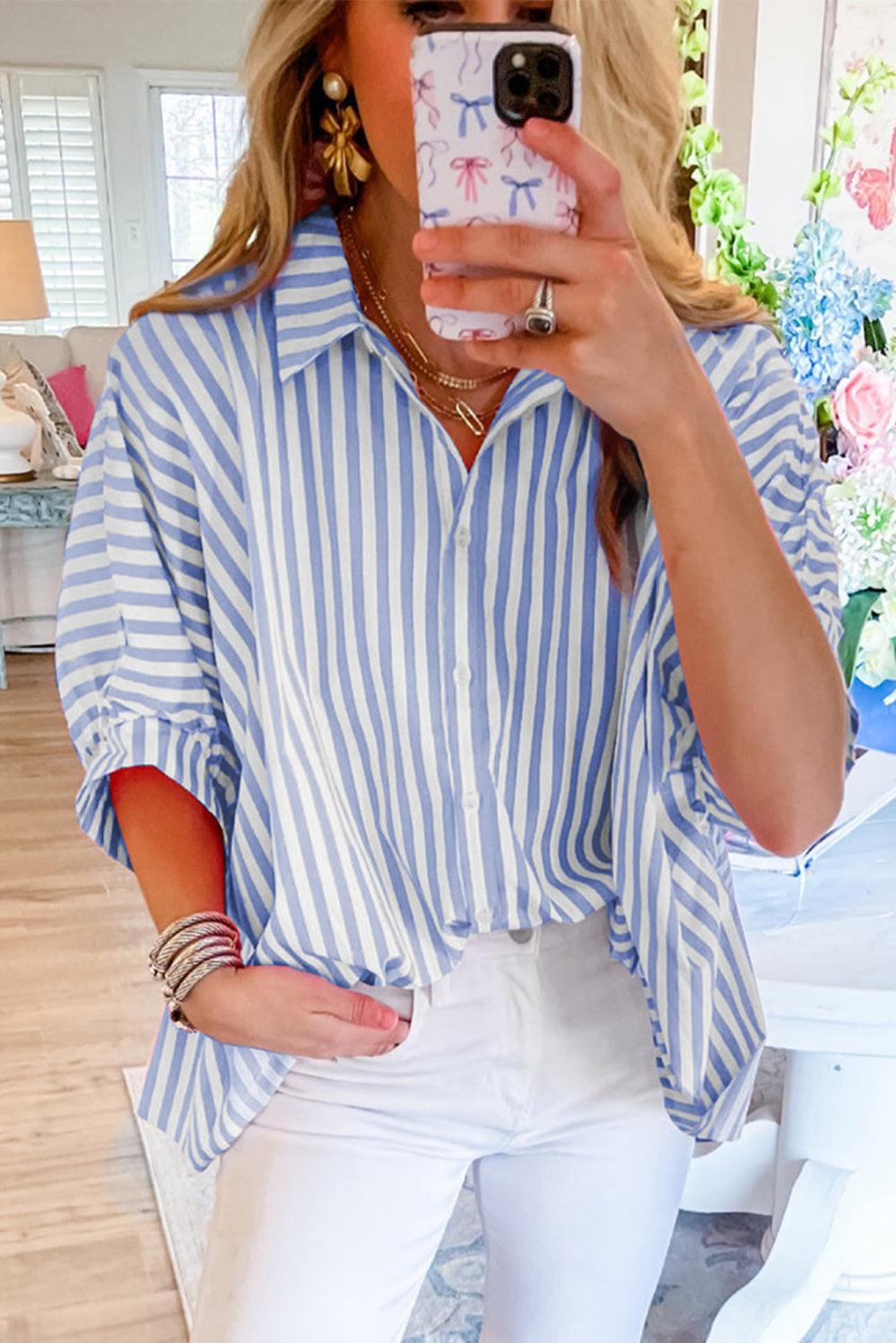 Pink Stripe Button Up Dolman Shirt - Stormyjay