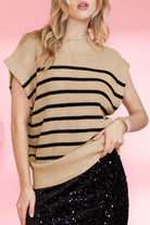 Parchment Striped Knit Mock Neck Short Sleeve Sweater - Stormyjay