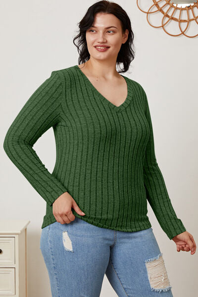 Basic Bae Full Size Ribbed V-Neck Long Sleeve T-Shirt - Stormyjay