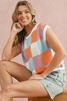 Grapefruit Orange Checkered Color Block Cap Sleeve Knitted Top - Stormyjay