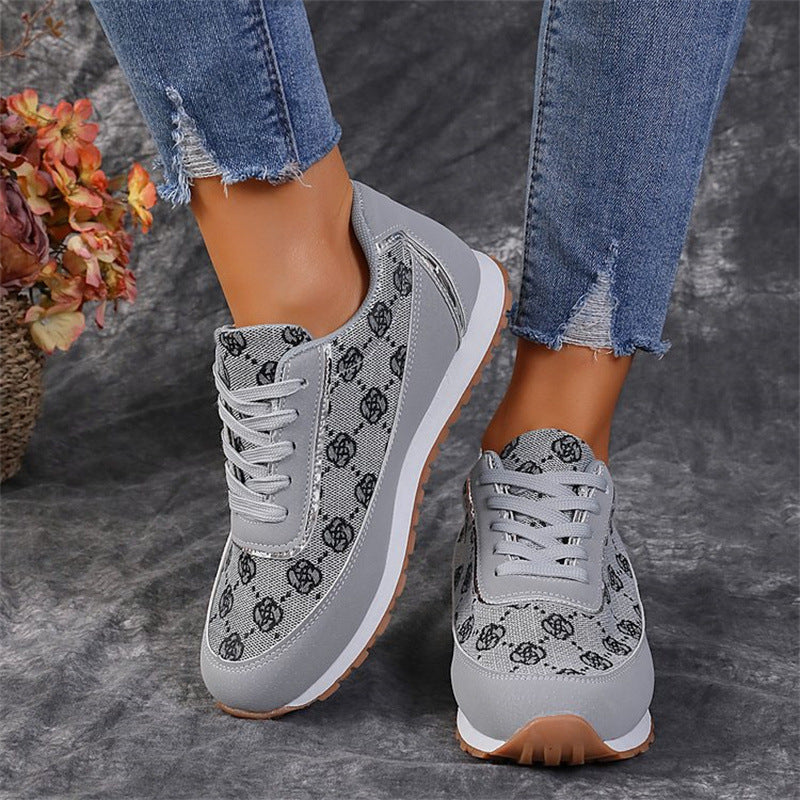 Flower Print Lace-up Sneakers Casual Fashion Lightweight Breathable Walking Running Sports Shoes Women Flats - Stormyjay