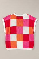 Grapefruit Orange Checkered Color Block Cap Sleeve Knitted Top - Stormyjay