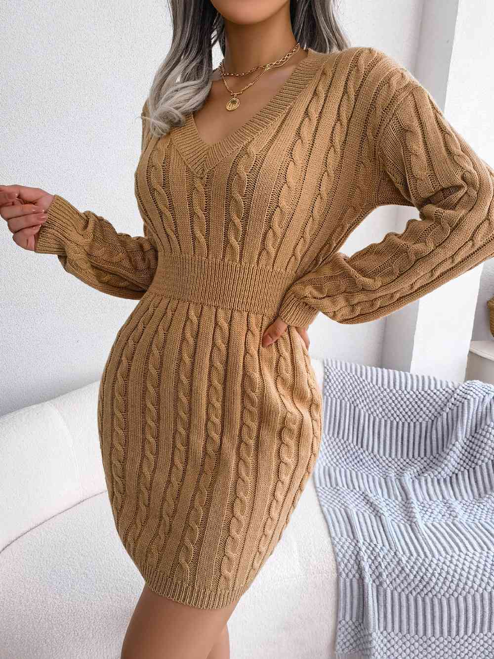 Cable-Knit V-Neck Mini Sweater Dress - Stormyjay