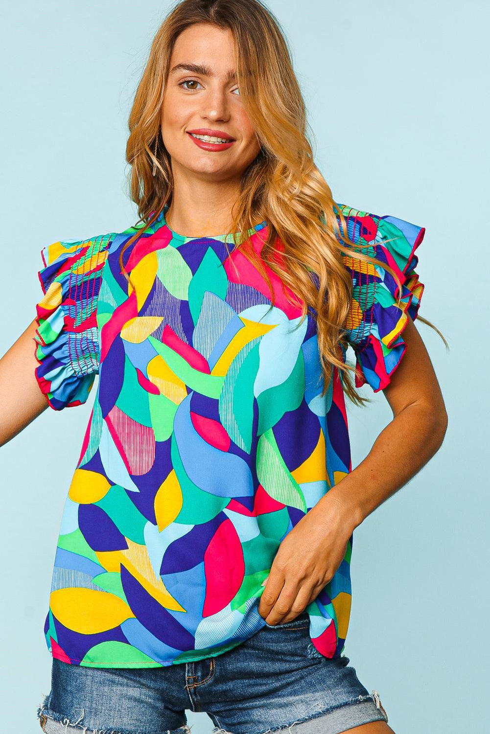 Multicolor Abstract Print Ruffle Sleeve Casual Blouse for Women - Stormyjay