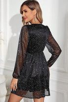 Black Glitter Mesh Overlay V Neck Long Sleeve Dress - Stormyjay