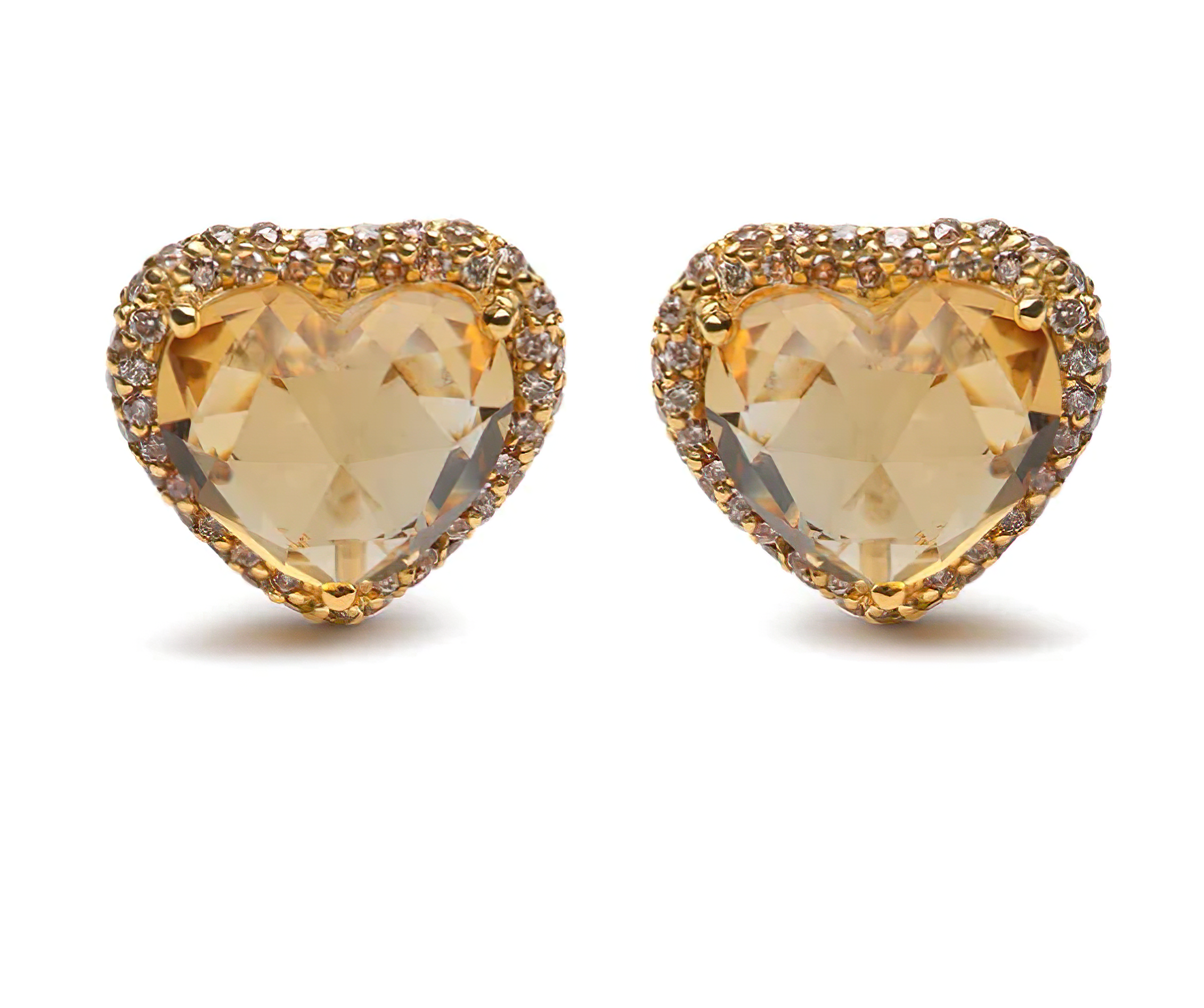 18K Yellow Gold 2/3 Cttw Brown Diamonds and 11x11mm Heart-Cut Yellow Citrine Gemstone Halo Heart Stud Earrings (Brown Color, SI1-SI2 Clarity) - Stormyjay