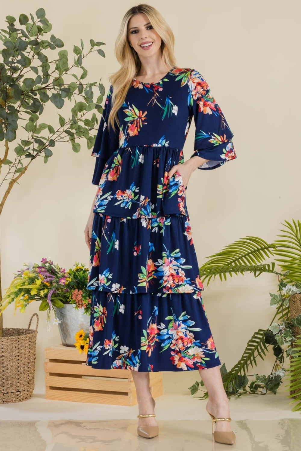 Celeste Full Size Floral Ruffle Tiered Midi Dress - Stormyjay