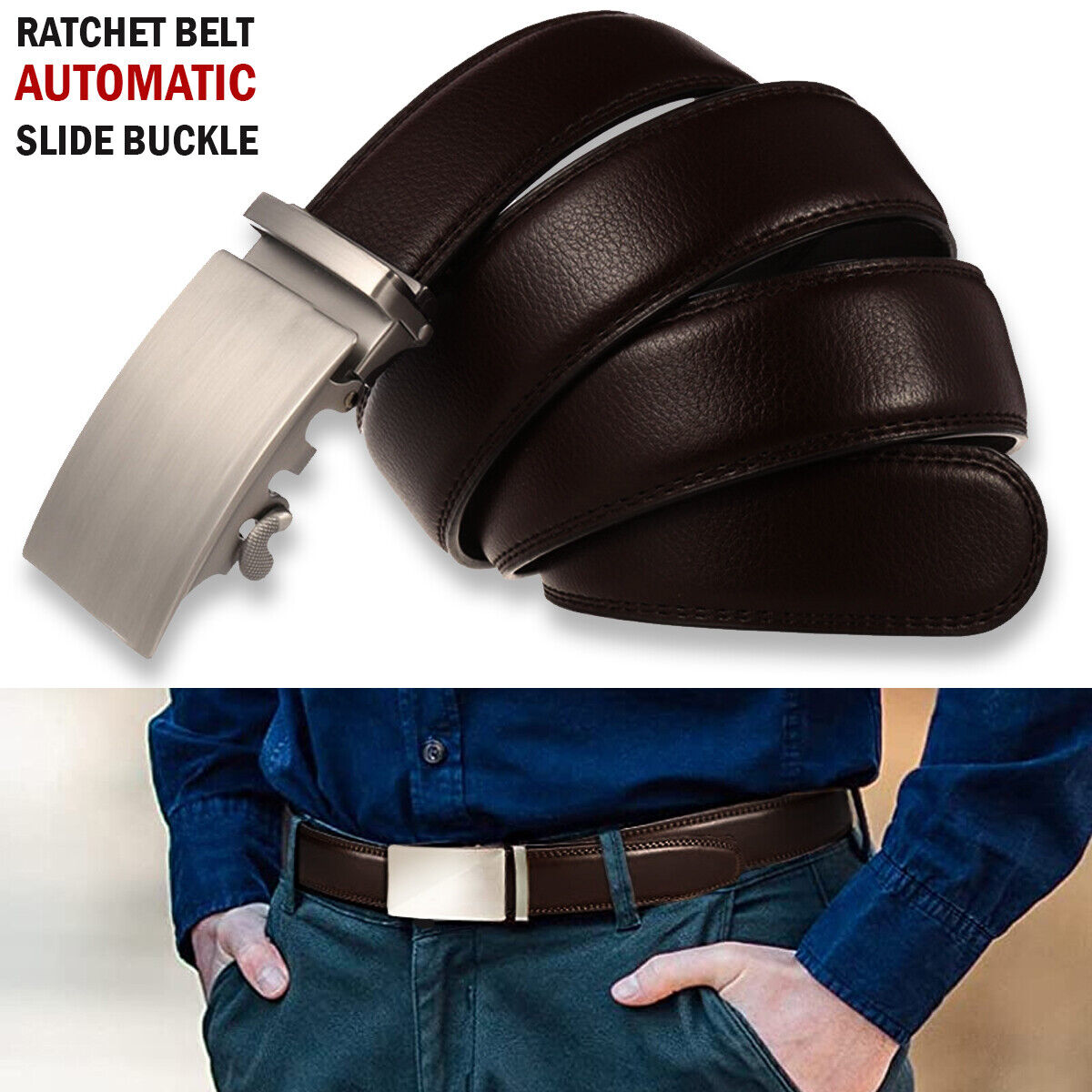 Microfiber Leather Mens Ratchet Belt Belts For Men Adjustable Automatic Buckle Dark Brown - Stormyjay