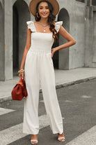 Apricot Smocked Ruffle Strap Pocket Wide Leg Jumpsuit - Stormyjay