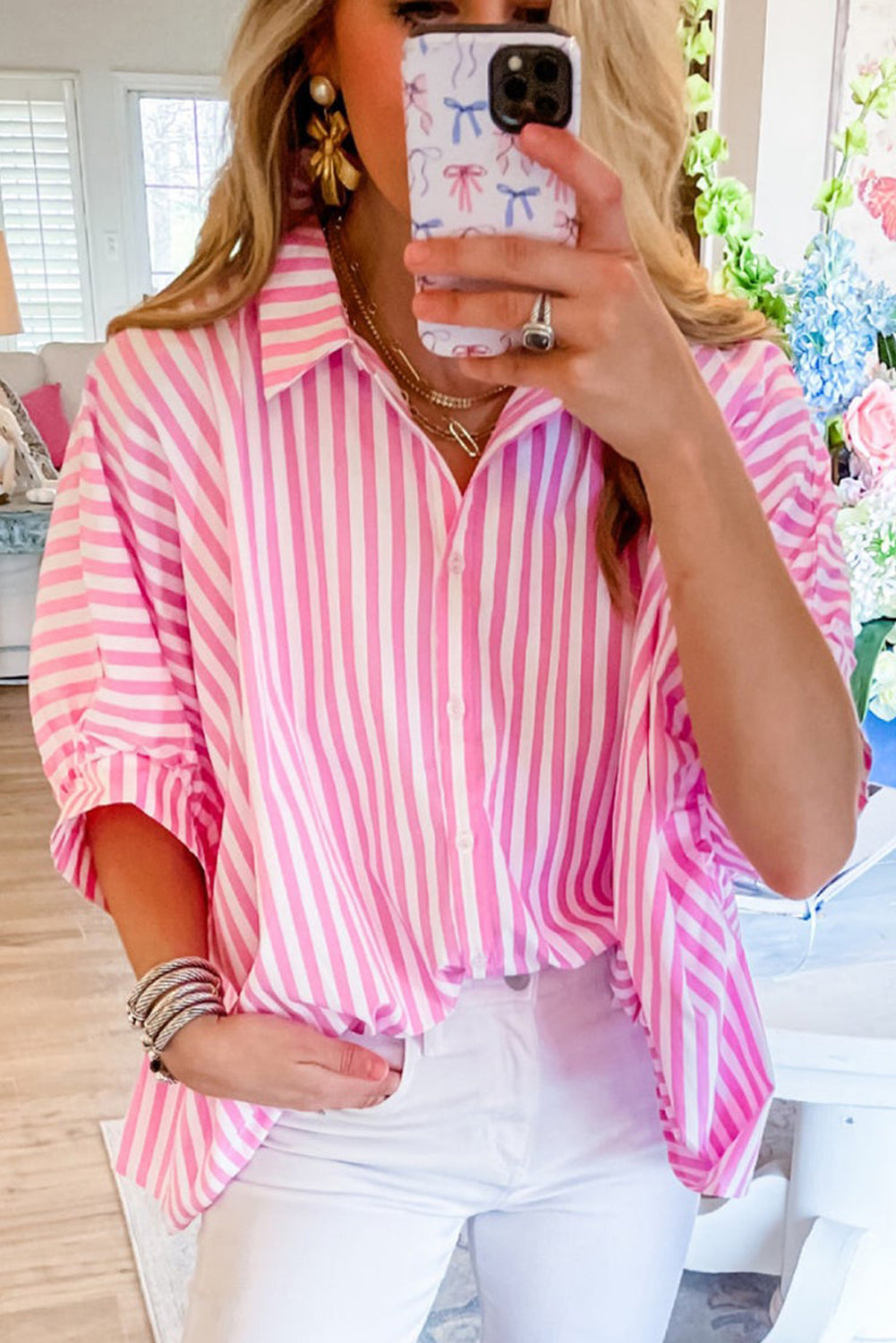 Pink Stripe Button Up Dolman Shirt - Stormyjay