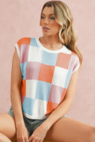 Grapefruit Orange Checkered Color Block Cap Sleeve Knitted Top - Stormyjay