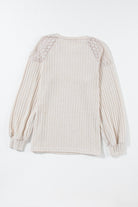 Parchment Contrast Lace Raglan Sleeve Buttoned Ribbed Top - Stormyjay