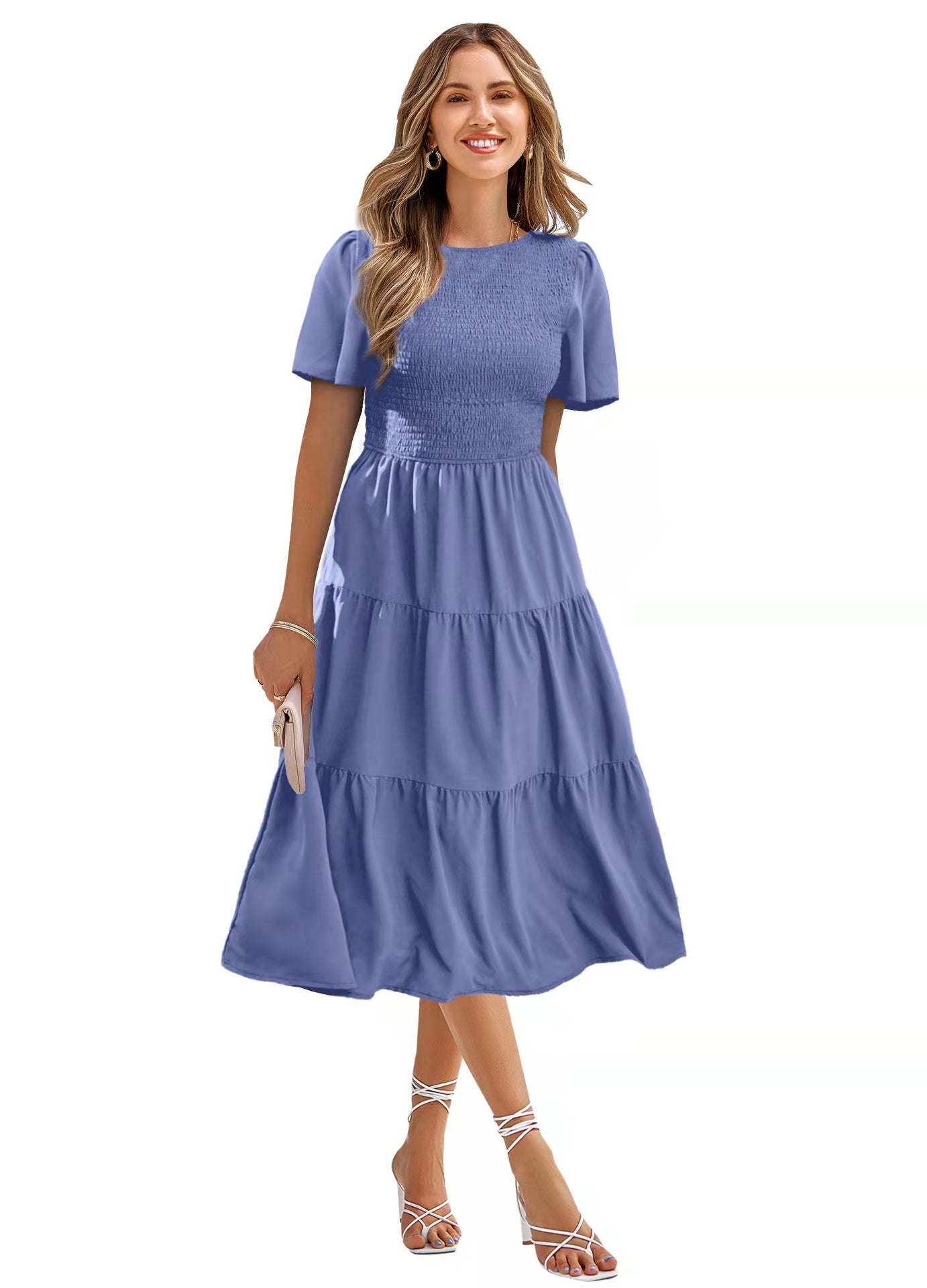 Women's Round Neck Smocked Short Sleeve Casual Dress Swing Flowy Ruffle Hem Mini Beach Summer Dresses - Stormyjay