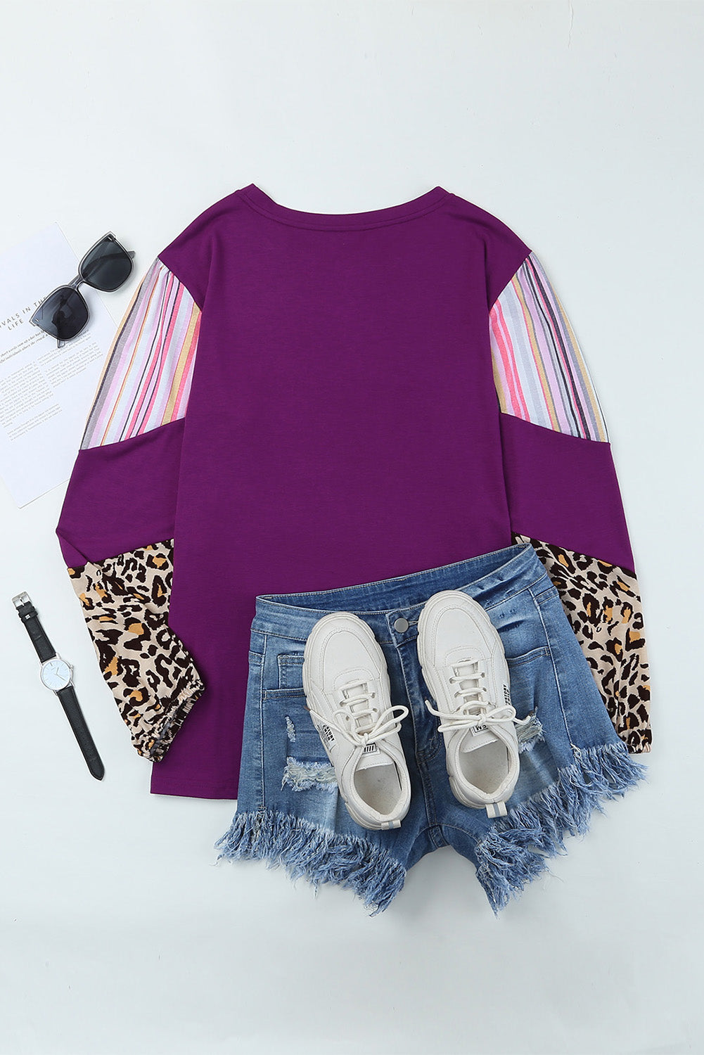 Purple Color Block Leopard Striped Sleeve Plus Size Top - Stormyjay