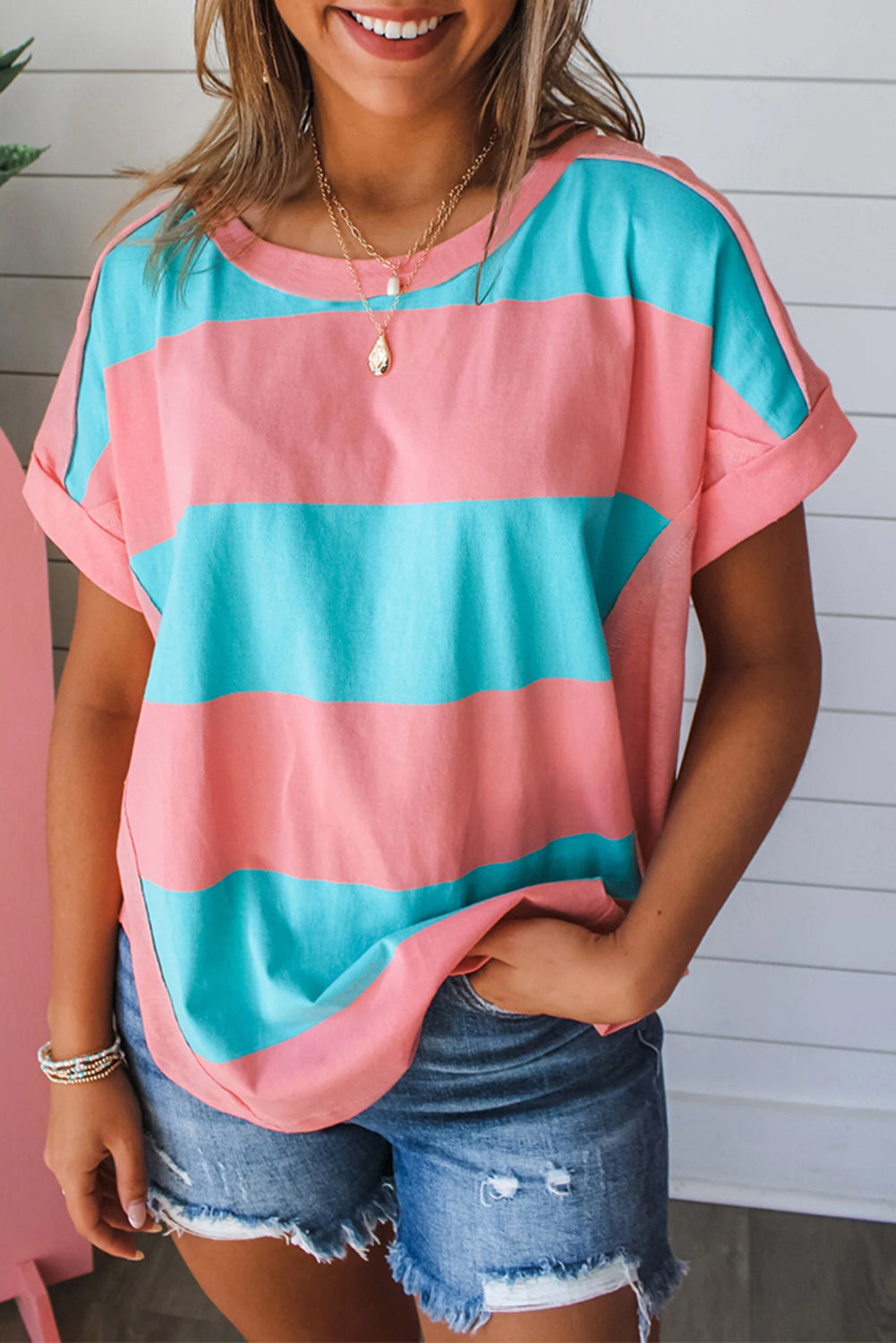 Rose & Blue Colorblock Exposed Seam Tee - Stormyjay