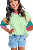 Green Color Block Sleeve Round Neck Oversize Top - Stormyjay