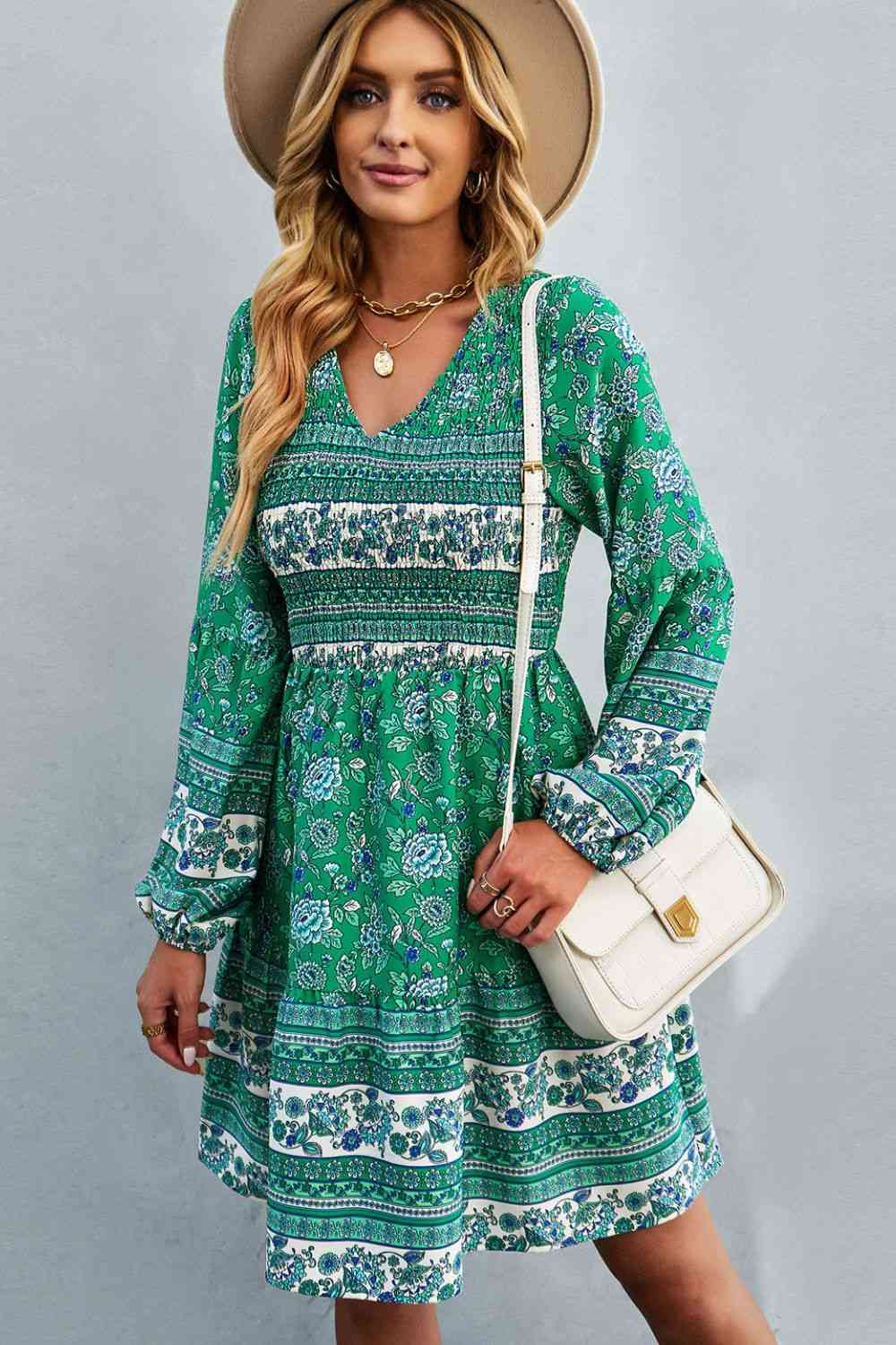 Bohemian V-Neck Balloon Sleeve Dress - Stormyjay