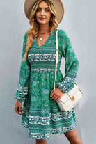 Bohemian V-Neck Balloon Sleeve Dress - Stormyjay