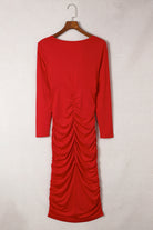 Fiery Red Long Sleeves Wrap V Neck Ruched Sheath Bodycon Dress - Stormyjay