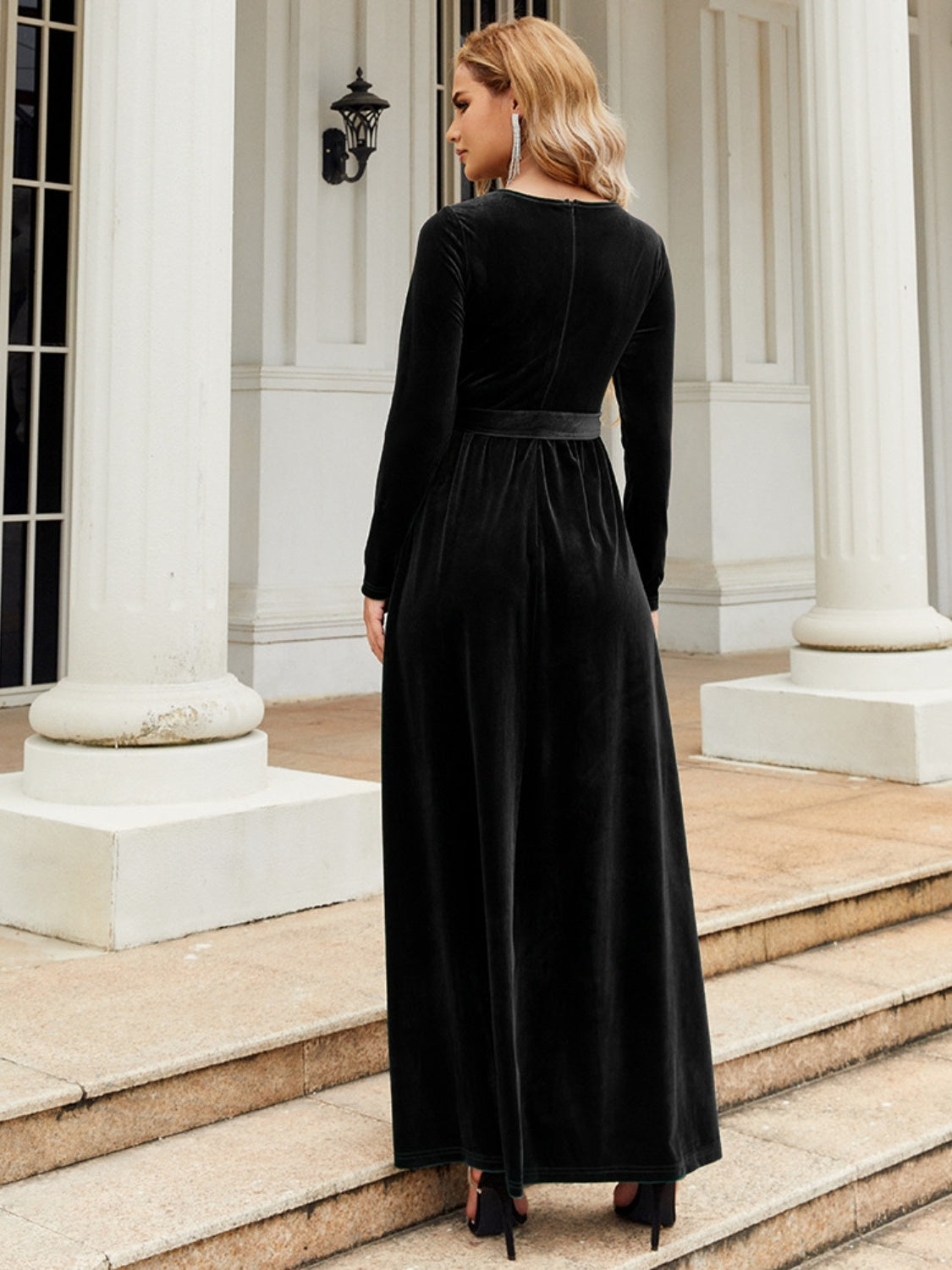 Tie Front Round Neck Long Sleeve Maxi Dress - Stormyjay