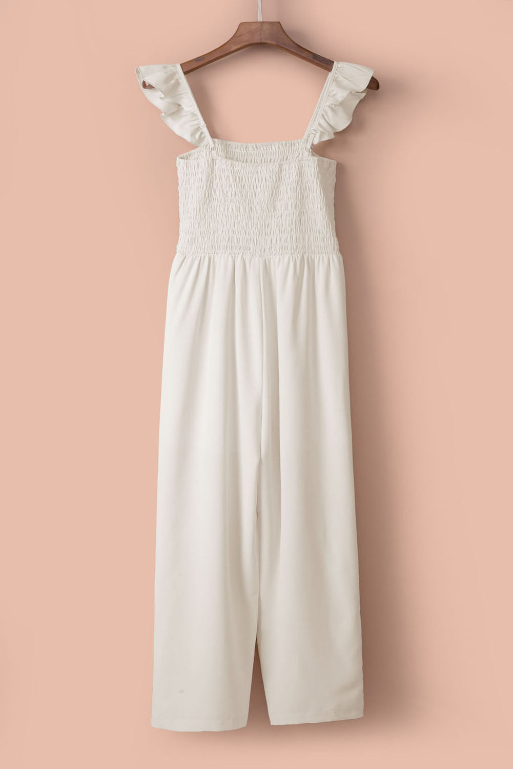 Apricot Smocked Ruffle Strap Pocket Wide Leg Jumpsuit - Stormyjay