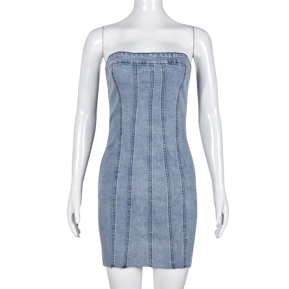 Fashion Backless Tube Denim Dress Summer Sexy Slim Short Dresses For Women Clothing - Stormyjay