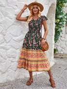 New Flowers Print V-neck Dress Summer Casual Ruffle Sleeveless Bohemian Holiday Beach Dress for Women - Stormyjay