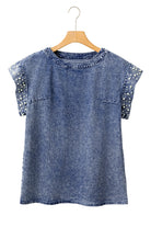 Dusk Blue Acid Wash Pearl Embellishment O Neck Denim Top - Stormyjay