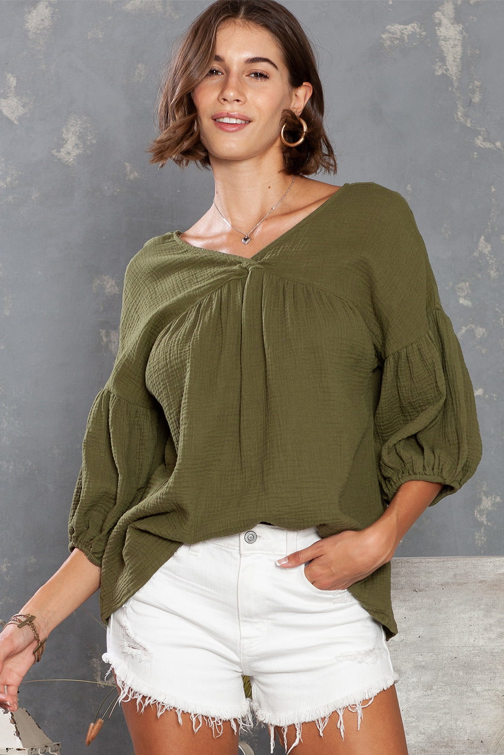 White Plain Gauze Cotton V Neck Top for Women - Stormyjay