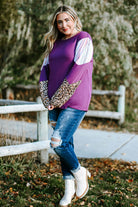 Purple Color Block Leopard Striped Sleeve Plus Size Top - Stormyjay