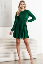 Green Crinkle Velvet Tie Waist Puff Sleeve Mini Dress - Stormyjay