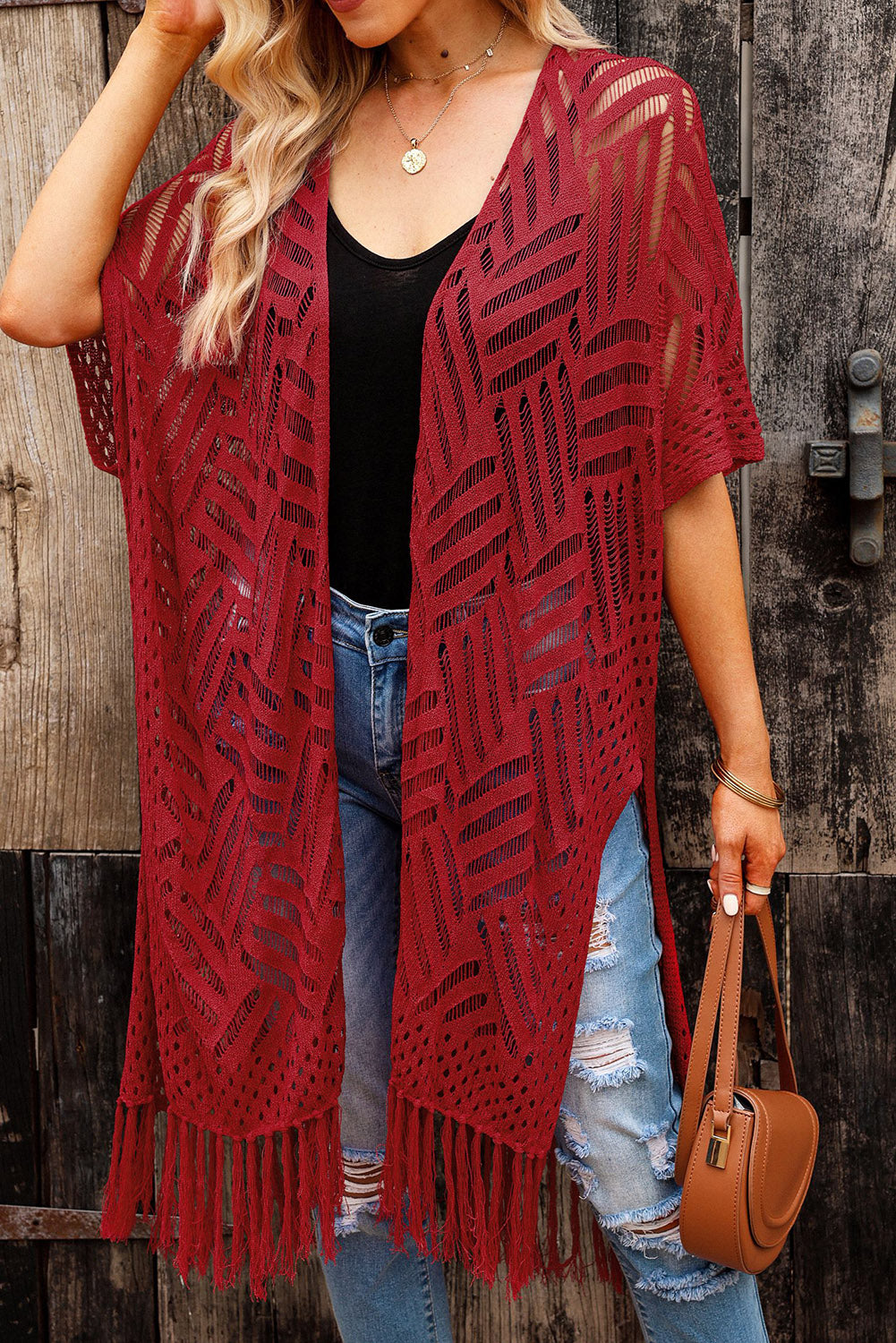 Openwork Open Front Cardigan with Fringes - Stormyjay