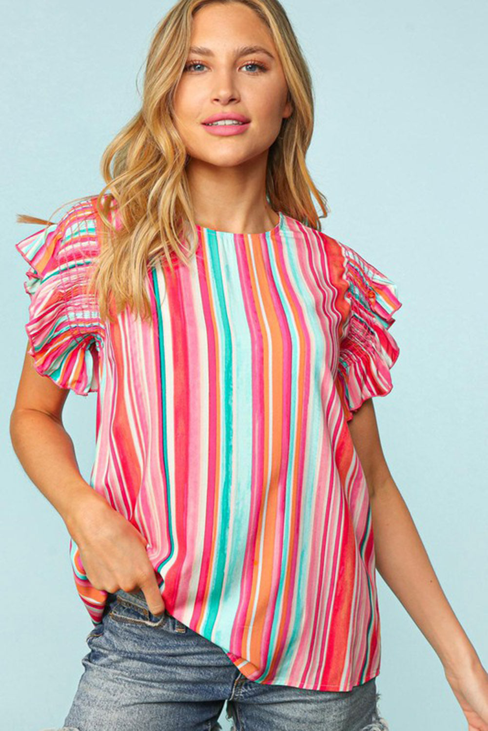 Multicolor Abstract Print Ruffle Sleeve Casual Blouse for Women - Stormyjay