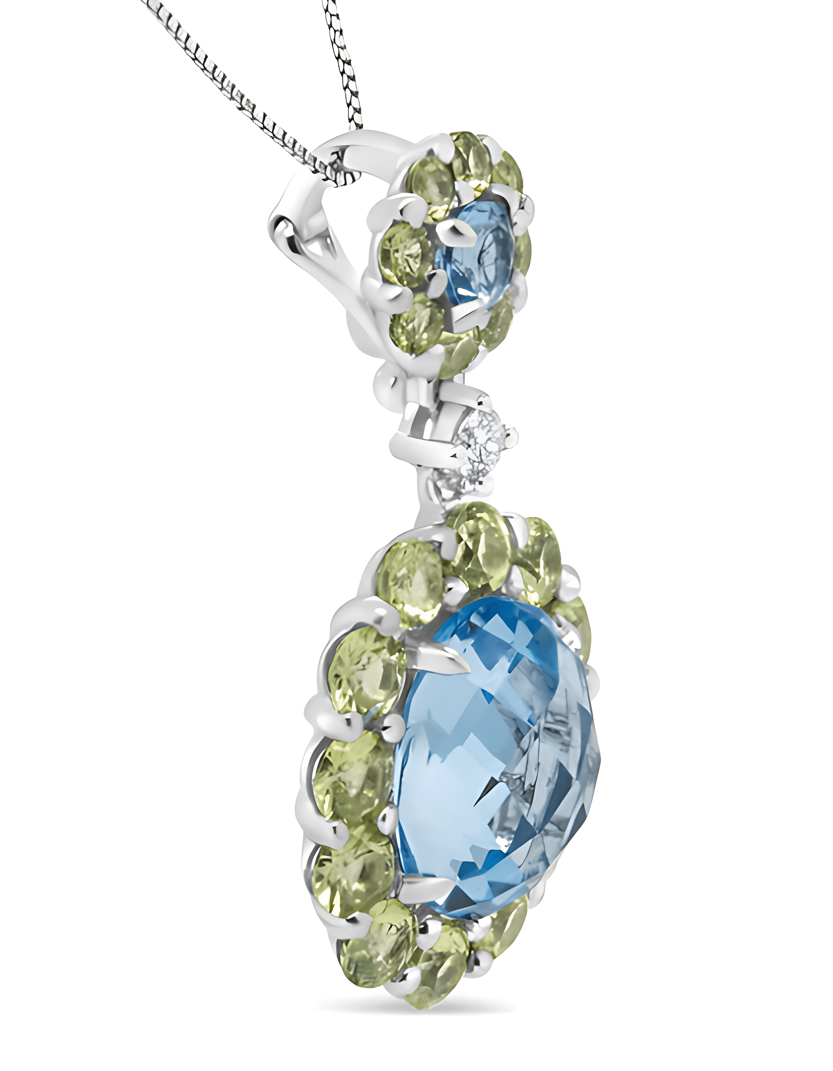 18k White Gold 0.05 Cttw Round Diamond and Blue Topaz and Green Peridot Gemstone Halo Drop 18" Pendant Necklace (F-G Color, VS1-VS2 Clarity) - Stormyjay