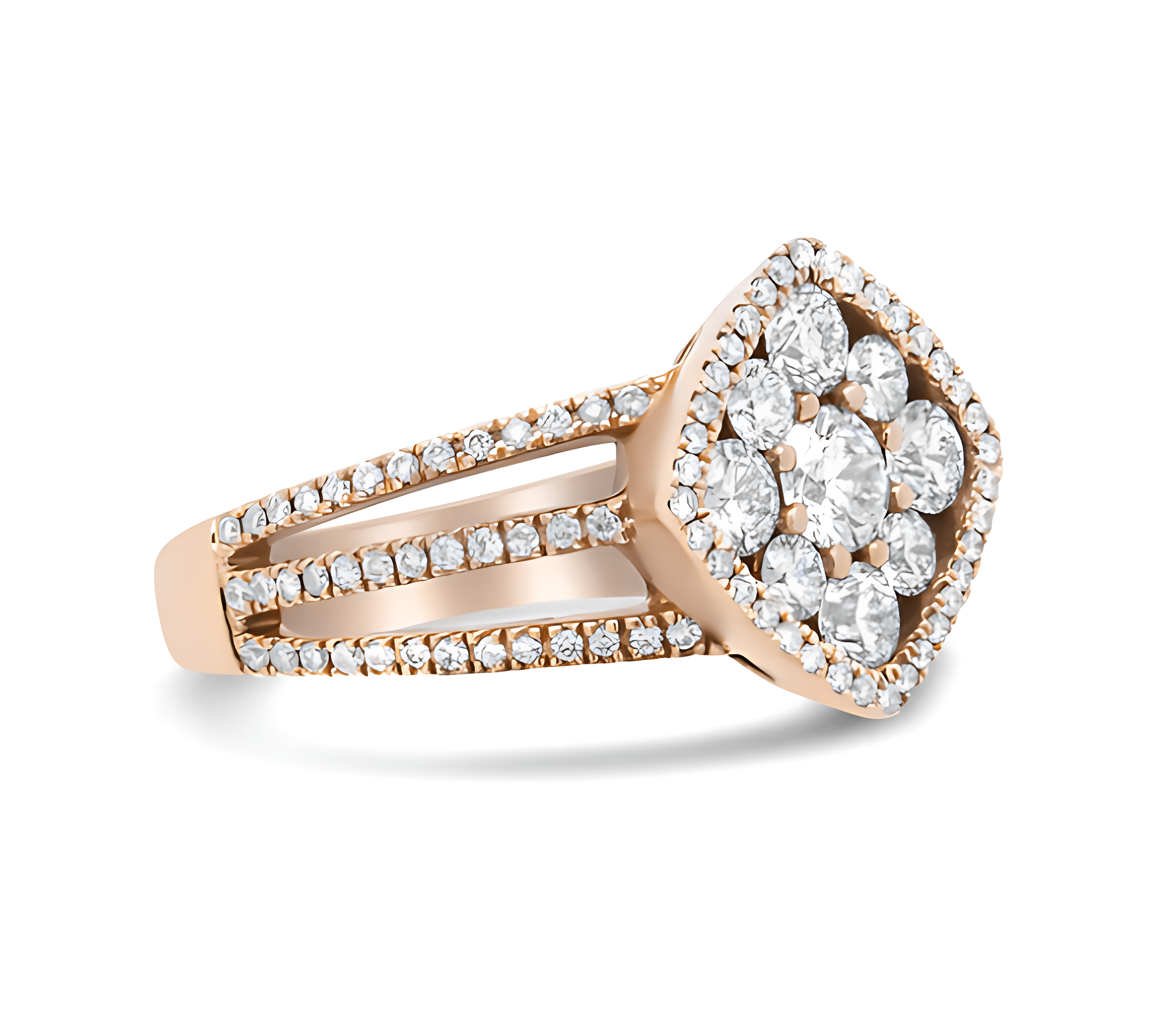 18K Rose Gold 1 1/4 Cttw Diamond Halo Cluster Split Shank Ring Band (F-G Color, VS1-VS2 Clarity) - Stormyjay